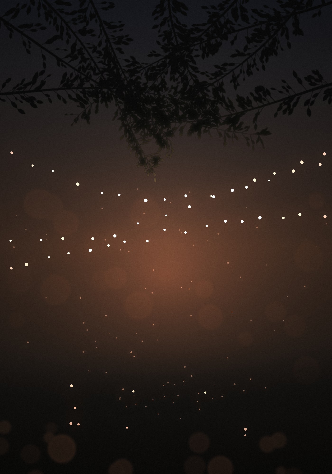 Illustration of olive branches over a garden strung with warm lights